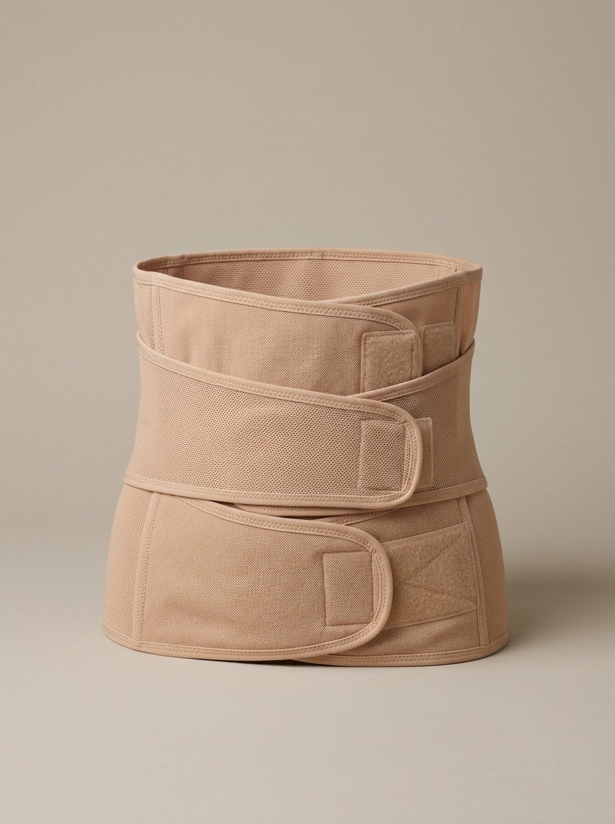 Tummy Tuck Recovery Kit: adjustable beige abdominal binder with hook-and-loop closures