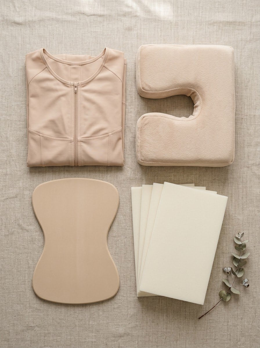 BBL recovery essentials: front-zip compression garment, BBL pillow, abdominal board and lipo foam sheets