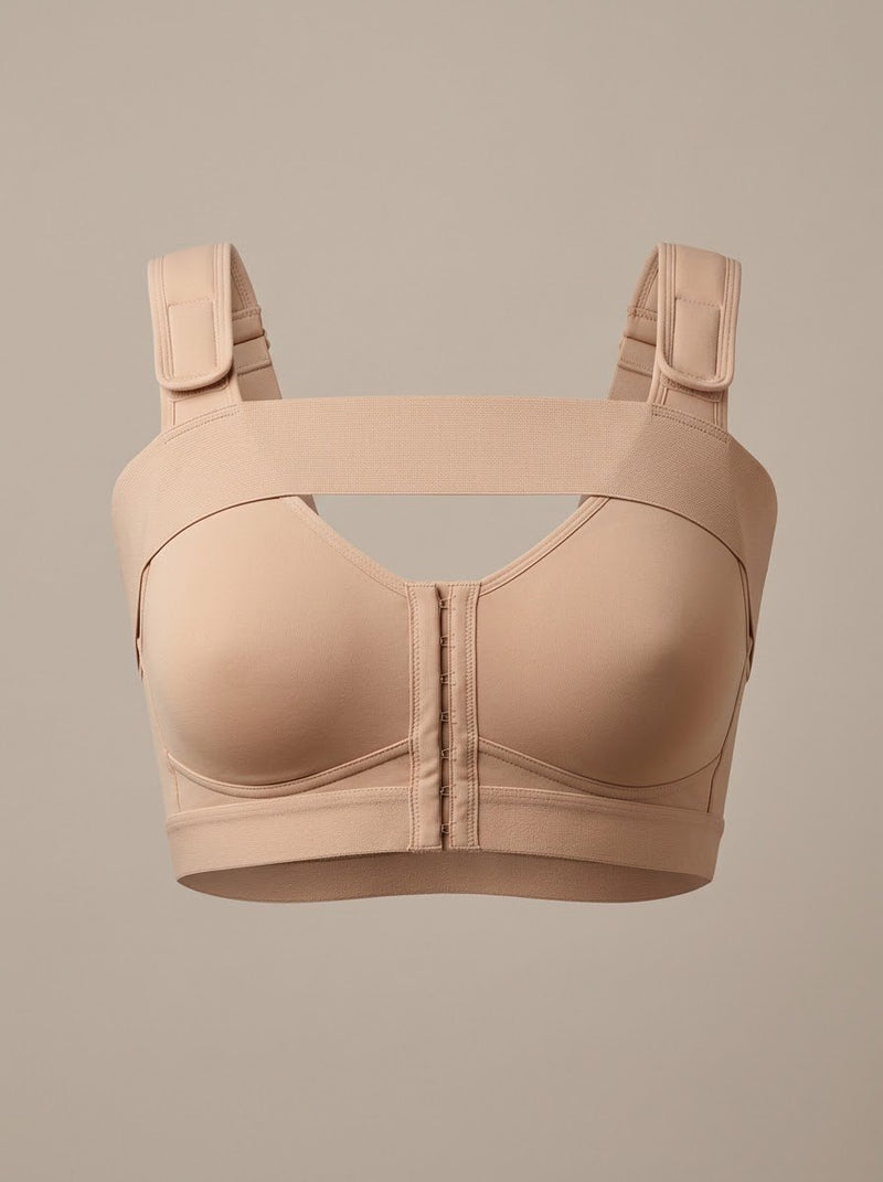 ONIFEM front-close recovery bra in beige, wire-free with a front hook closure and adjustable straps for breast surgery recovery