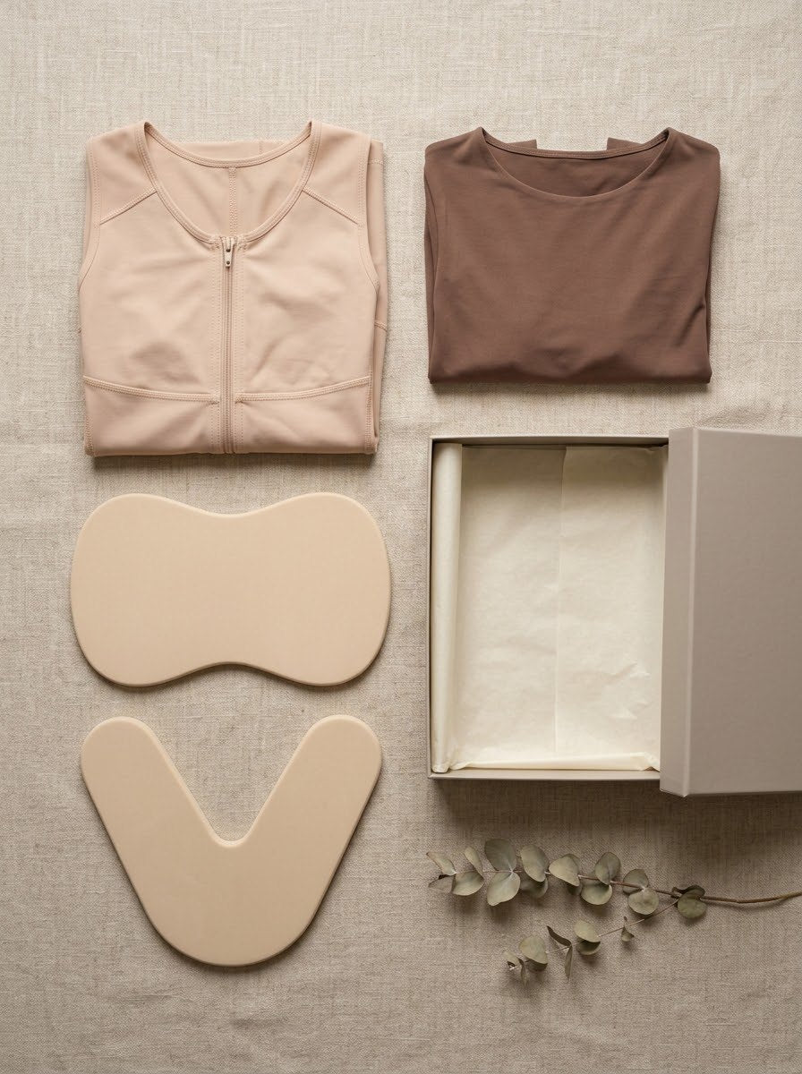 Liposuction recovery essentials: compression garments, abdominal and lumbar boards, and an ONIFEM kit box